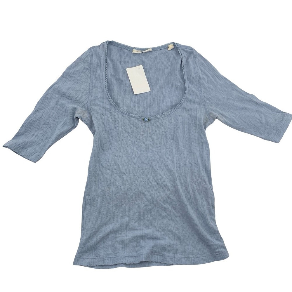 Doen Women Top Scoop Neck Pointelle Rosette Blue Cotton Blend Small